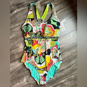 TRINA TURK NWT Swimsuit-size 14-Gorgeous Print- Cross/ tie back-